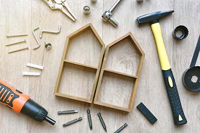 House building and maintenance, DIY and construction tools on wo